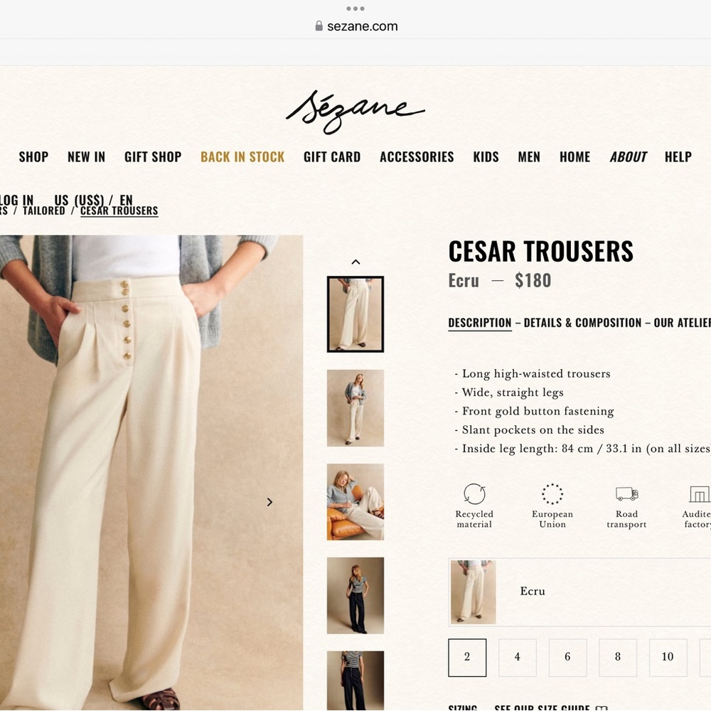 Sezane Ecru Cesar Trousers with Gold Buttons